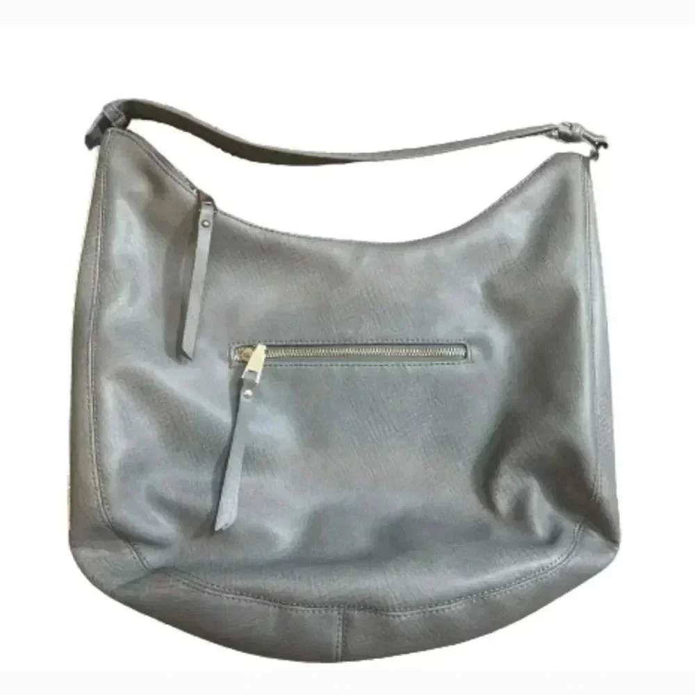 MMS HOBO VEAGAN LEATHER BAG TAUPE GRAY GOLD‎ HARDWARE ZIPPER CLOSURE MEDIUM SIZE